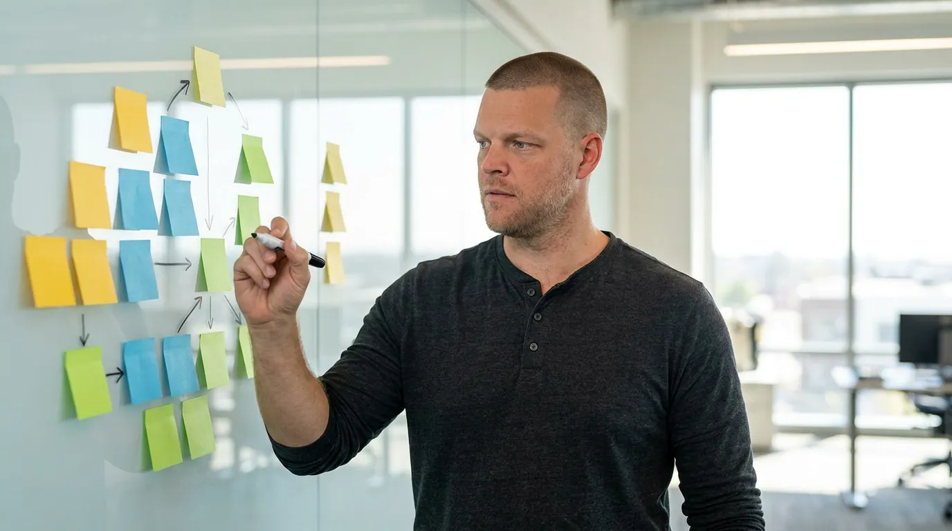 Mike Moore drawing arrows between clusters of sticky notes on a glass wall, mapping how structured answers connect for AI search