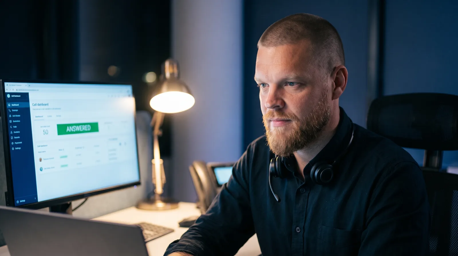 Mike Moore, founder of Strategic AI Architects, at a desk late at night with a headset around his neck, looking at a laptop showing a call dashboard marked ANSWERED