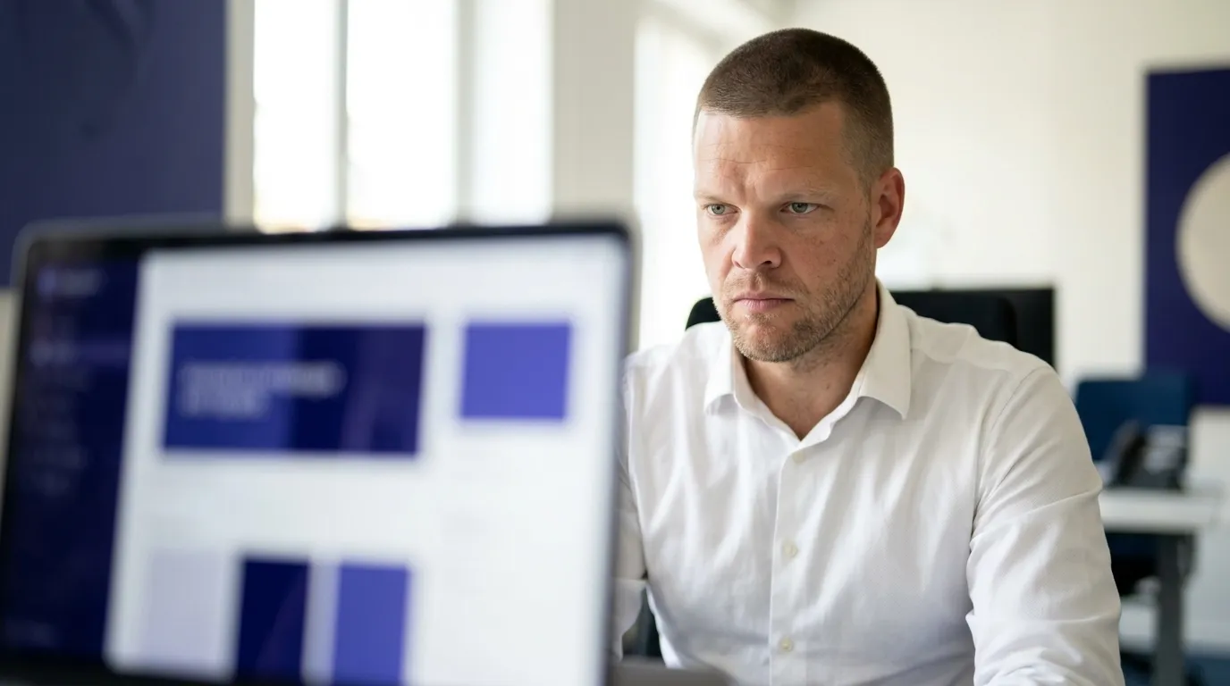 An insurance agency founder with closely buzzed short hair and light stubble sits at a bright office desk looking at a laptop screen showing a website tools manifest with a callable quote tool listed, representing an agency owner checking whether an AI agent can actually use the agency's website