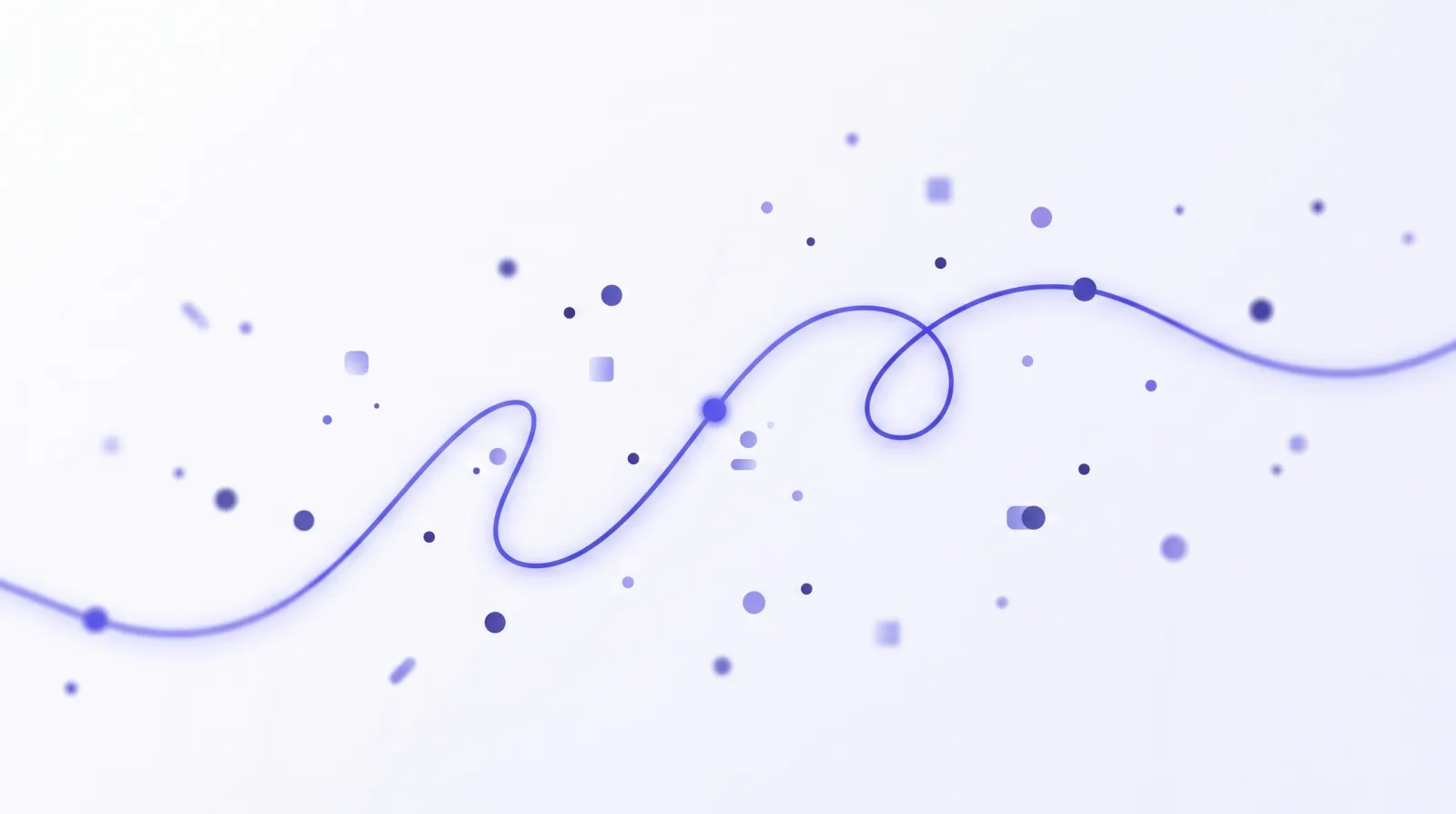 Abstract illustration of a single indigo thread connecting scattered points, representing one continuous memory linking many separate touchpoints