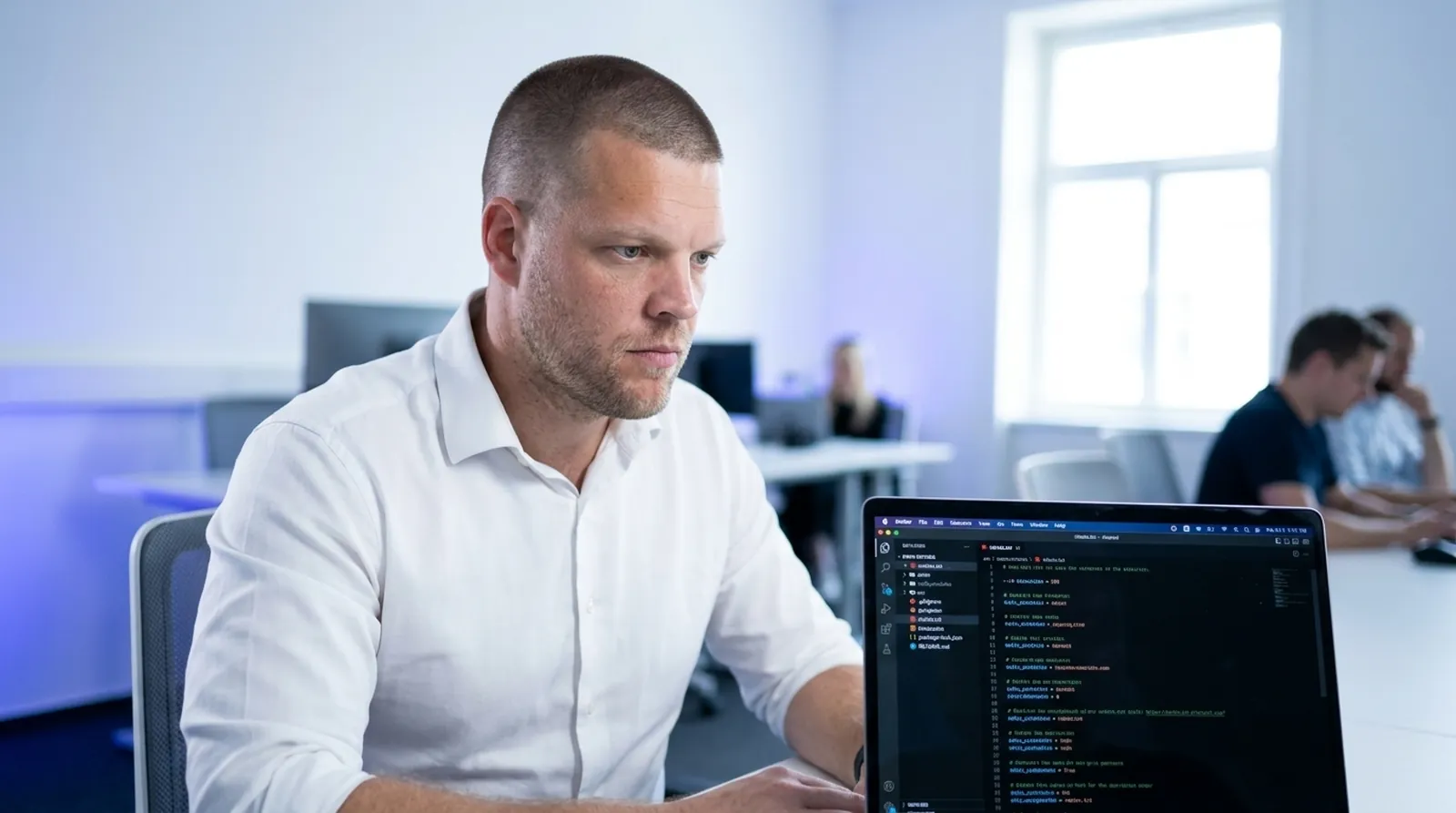 Mike Moore, founder of Strategic AI Architects, reviewing a website's robots.txt file on a laptop in an office, checking which AI crawlers are allowed to access the site