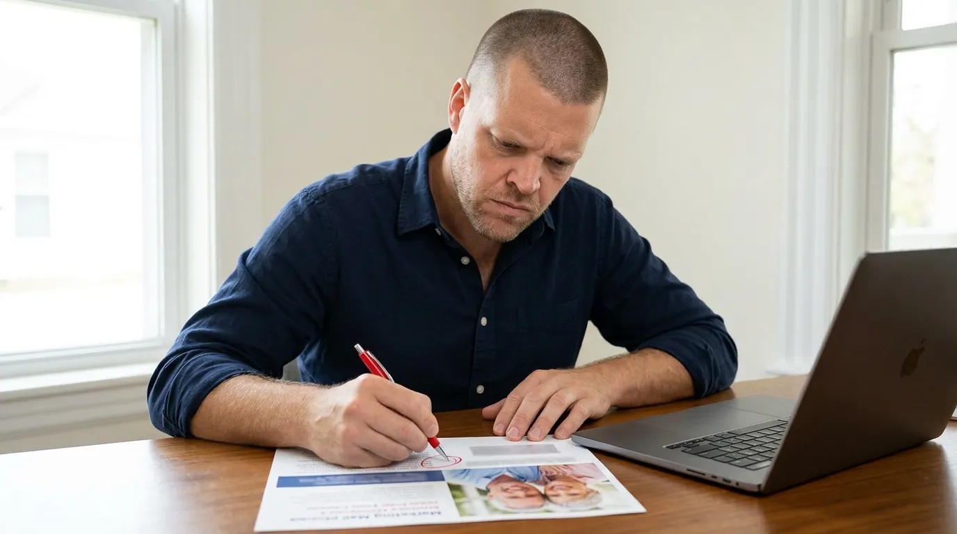 Mike Moore reviewing a printed Medicare marketing mailer with a red pen before it goes out