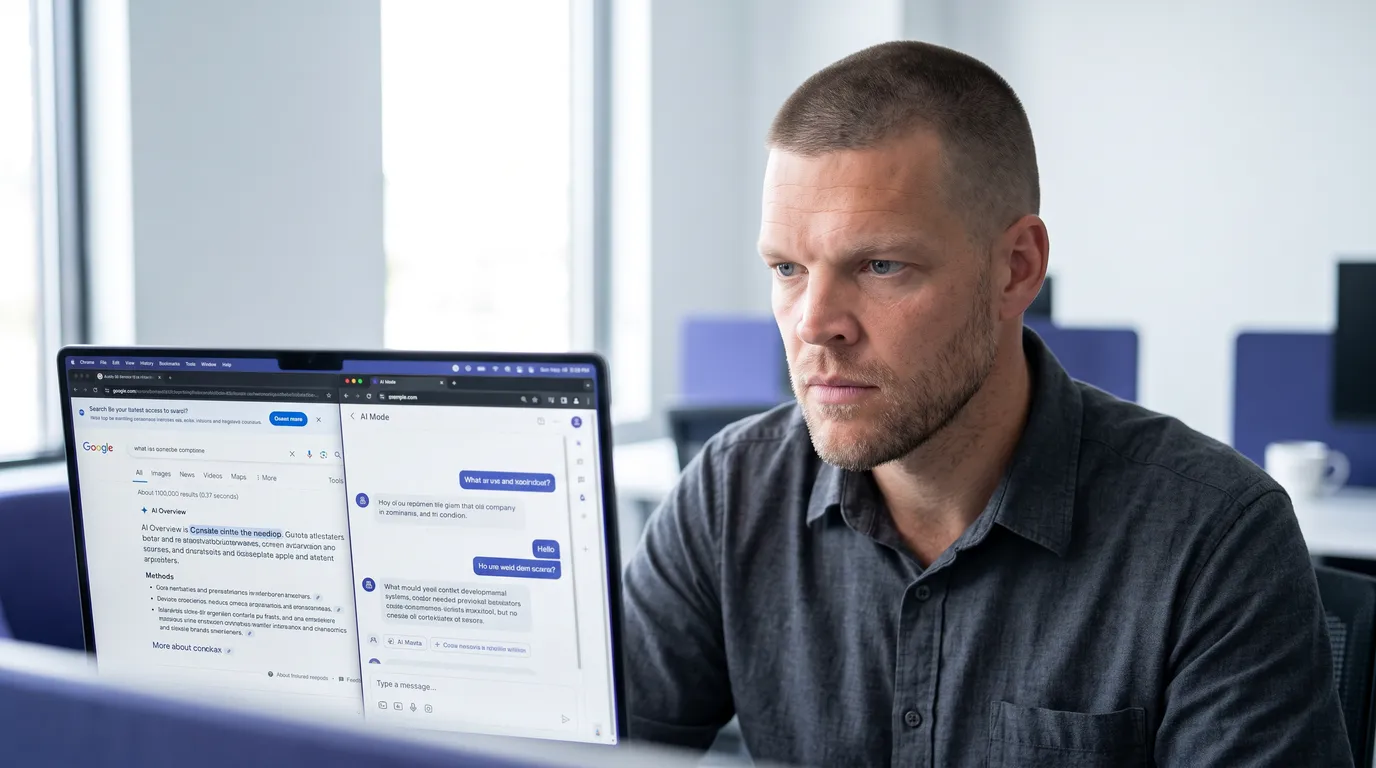 Mike Moore, founder of Strategic AI Architects, comparing a Google AI Overview panel against a Google AI Mode conversation on a laptop screen at his desk