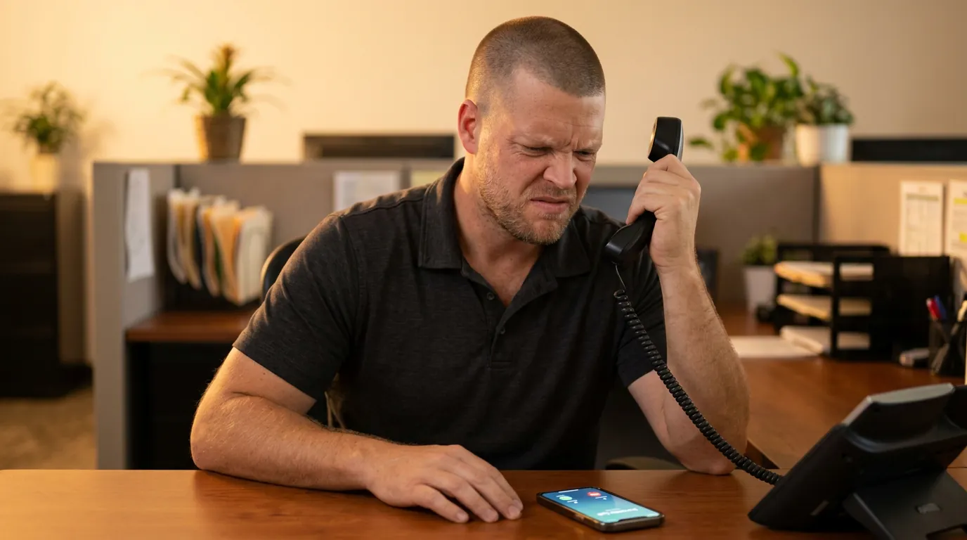 Mike Moore wincing at an office phone handset while listening to an automated receptionist