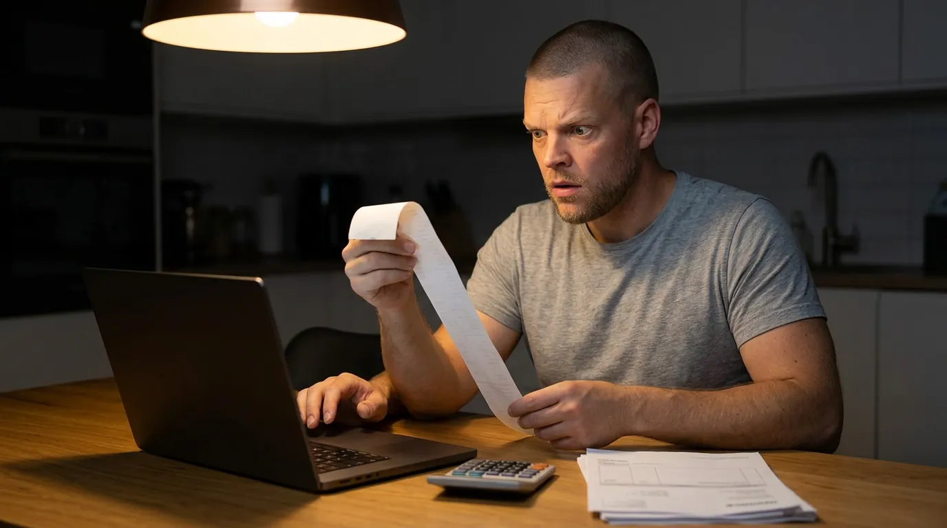 Mike Moore at a kitchen table at night, surprised by a long receipt next to a laptop, calculator and stack of AI usage invoices