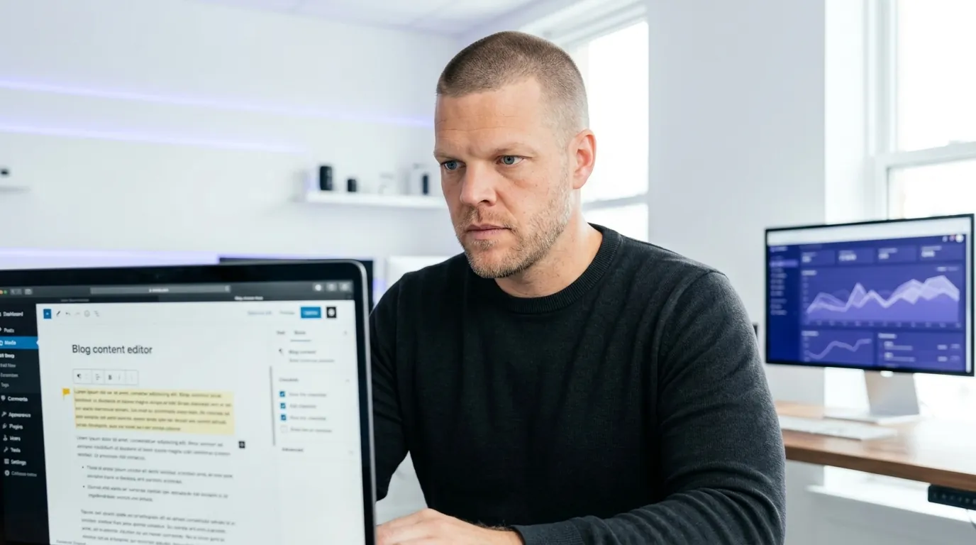 Mike Moore, founder of Strategic AI Architects, at a desk reviewing a flagged paragraph in a blog content editor on a laptop, with a second monitor beside it showing an indigo line-chart dashboard