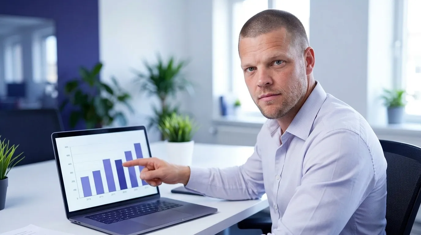 Mike Moore, founder of Strategic AI Architects, at his desk pointing at a laptop screen showing a bar chart of annuity sales data for a website page