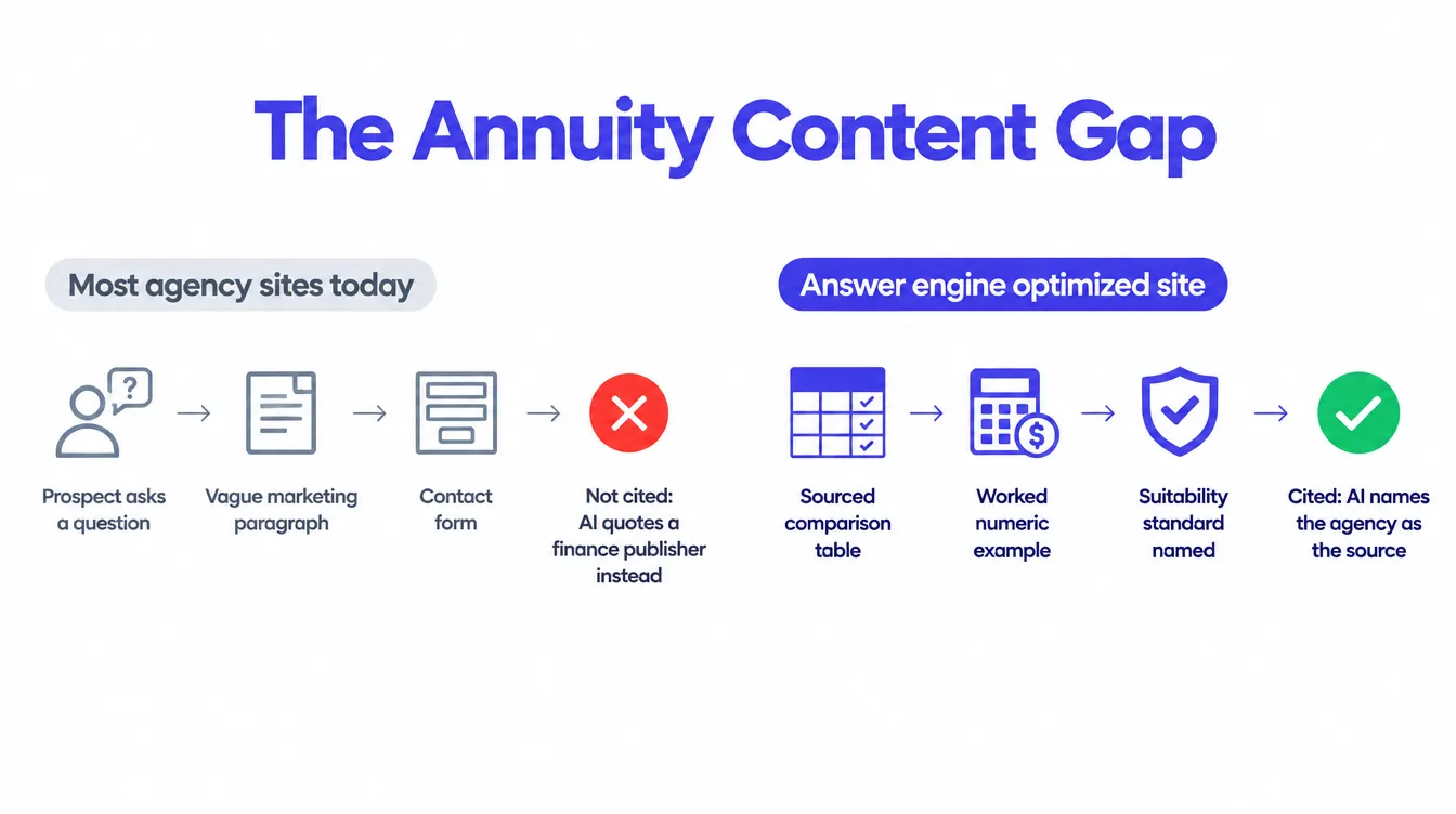 Infographic titled The Annuity Content Gap, showing two paths from a person asking an AI assistant about annuities. The left path, labeled Most agency sites today, leads through a prospect's question, a vague marketing paragraph, and a contact form to a red X outcome labeled Not cited, AI quotes a finance publisher instead. The right path, labeled Answer engine optimized site, leads through a sourced comparison table, a worked numeric example, and a named suitability standard to a green checkmark outcome labeled Cited, AI names the agency as the source.