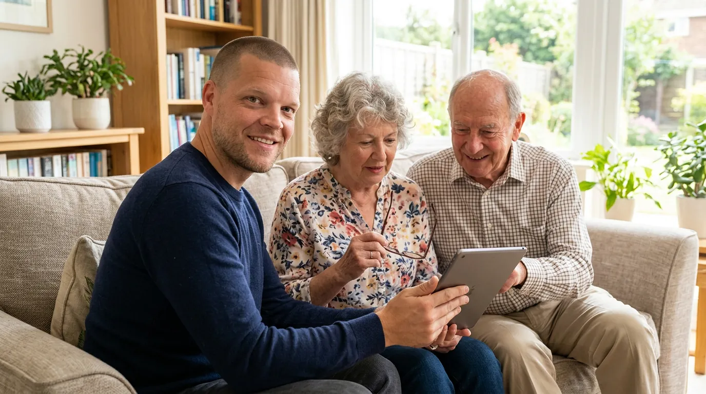 Mike Moore on a sofa with a retired couple, showing them Medicare options on a tablet