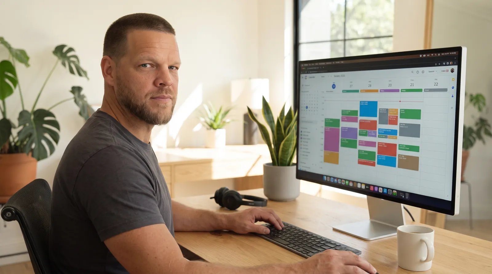 Mike Moore, founder of Strategic AI Architects, at his desk next to a monitor showing a weekly appointment calendar with bookings for several agents