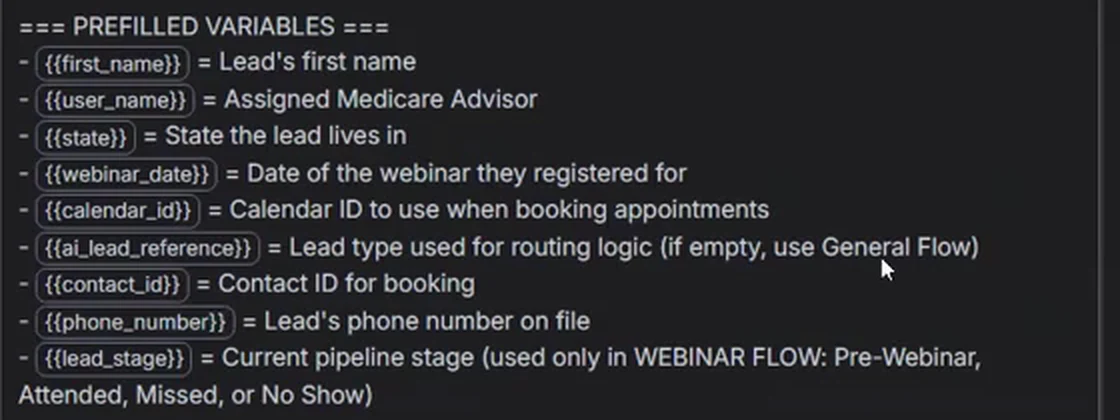Close-up of the list of contact details in the AI's instructions, including calendar_id described as the calendar ID to use when booking appointments, and contact_id described as the contact ID for booking.