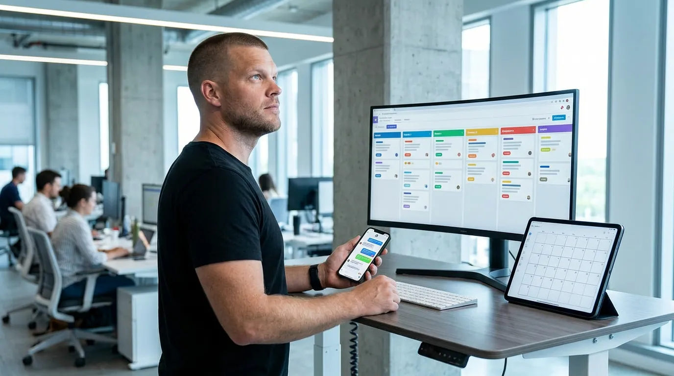 Mike Moore at a standing desk holding a phone with a chat thread, next to a monitor showing a sales pipeline board and a tablet calendar