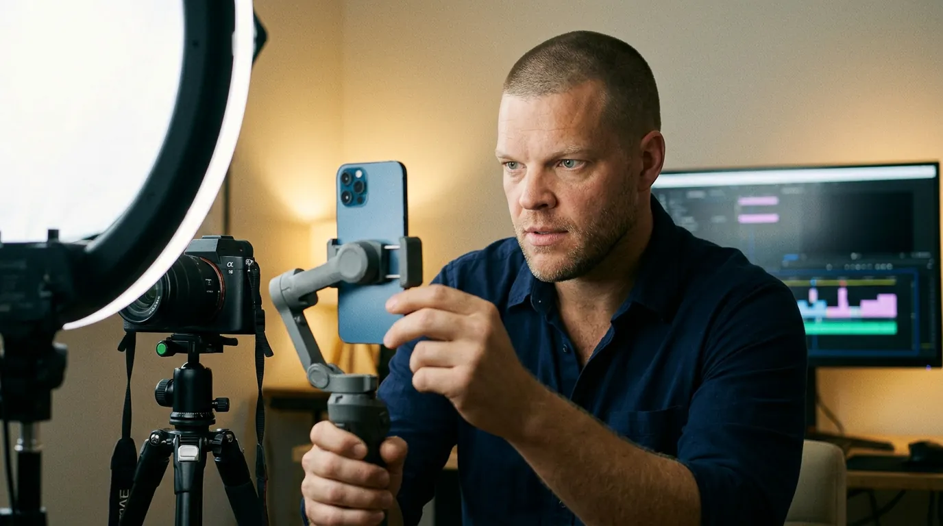 Mike Moore setting up a phone on a gimbal beside a camera and ring light in a home studio, with a video editing timeline on the monitor behind him
