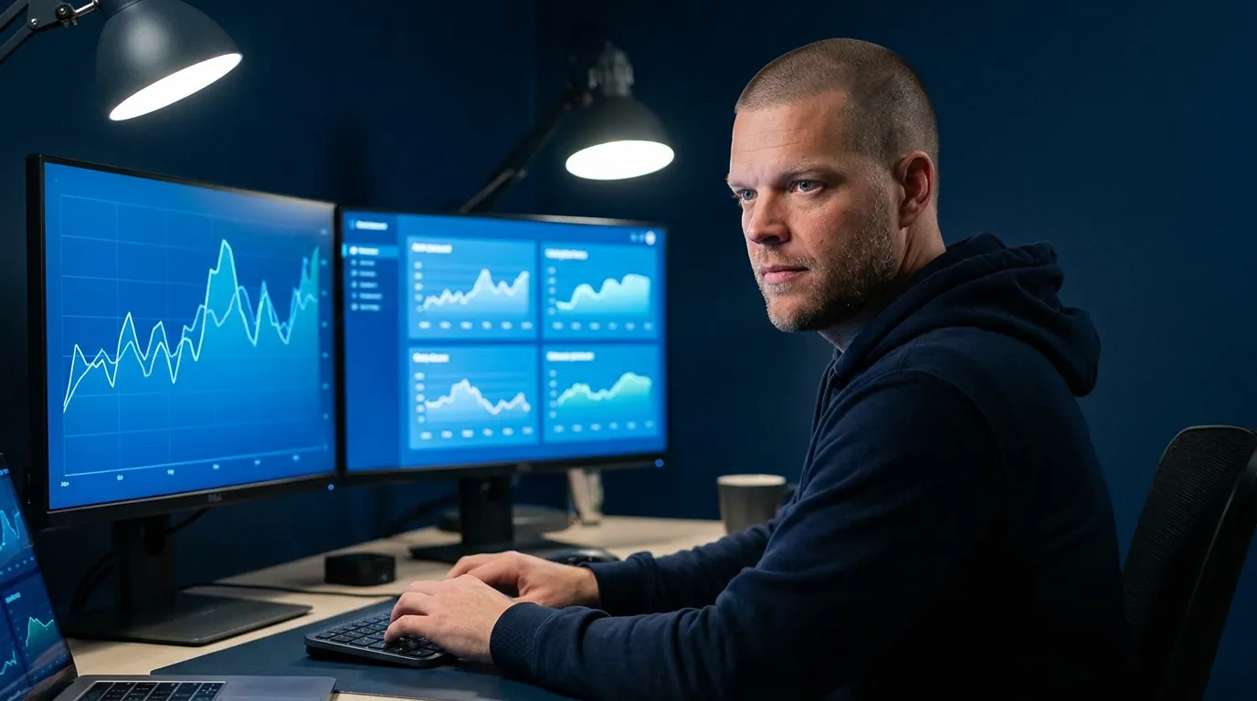 Mike Moore working at night in front of two monitors showing search and AI citation dashboards