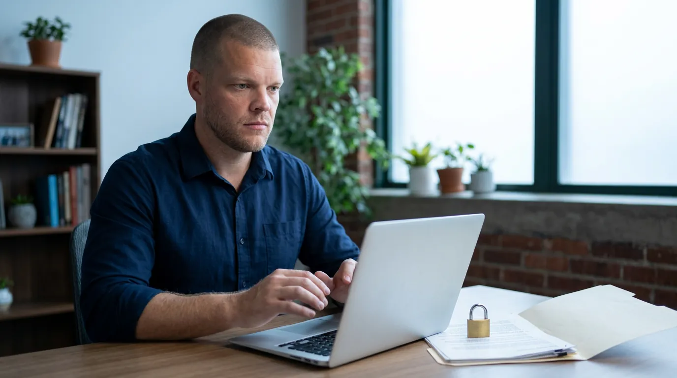 Mike Moore pausing at a laptop beside an open client file with a padlock resting on the papers