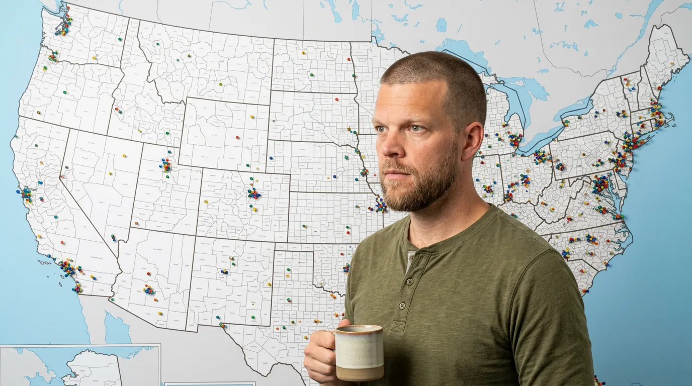 Mike Moore with a coffee mug studying a wall map of U.S. counties covered in colored pins
