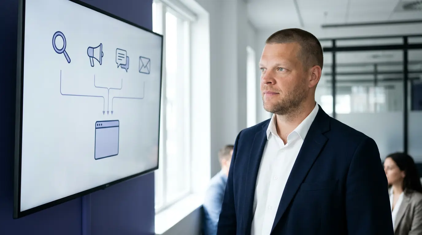 Mike Moore, founder of Strategic AI Architects, standing in a modern indigo lit office in front of a wall screen showing several marketing channel icons, ads, search, social, and email, all funneling down into a single website window