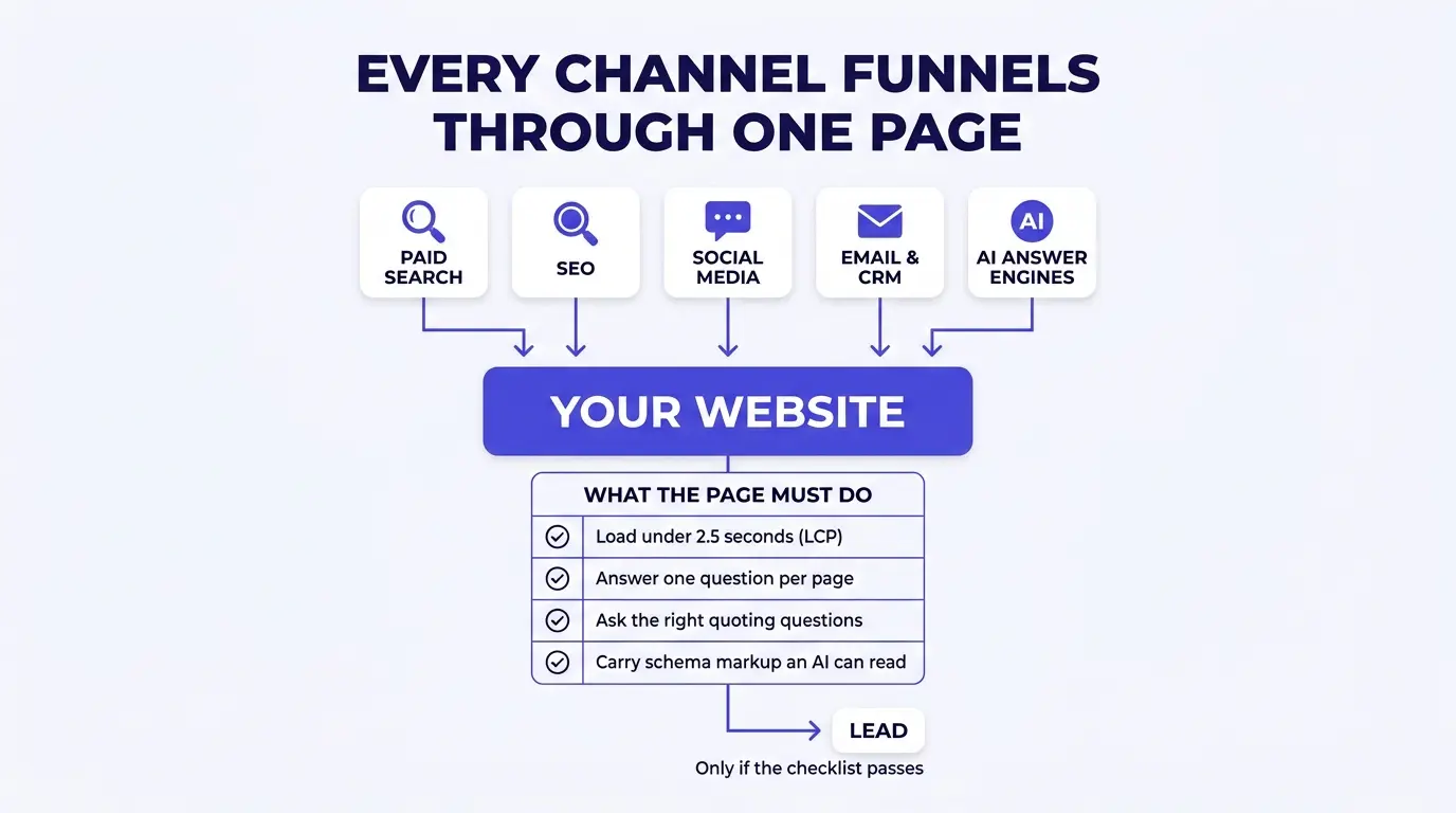 Infographic titled Every Channel Funnels Through One Page. Five marketing channel icons across the top, Paid Search, SEO, Social Media, Email and CRM, and AI Answer Engines, each with an arrow pointing down into a single website icon in the center. Below the website icon, a checklist of four requirements labeled What the Page Must Do: Load under 2.5 seconds LCP, Answer one question per page, Ask the right quoting questions, Carry schema markup an AI or search engine can read. An arrow from the website icon points right to a Lead icon, labeled Only if the checklist passes.