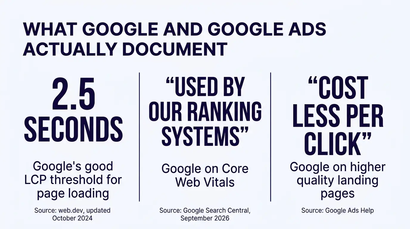 Stat card titled What Google and Google Ads Actually Document. First stat: 2.5 seconds, Google's good LCP threshold for page loading, source web.dev, last updated October 2024. Second stat: Core Web Vitals are used by our ranking systems, direct quote, source Google Search Central, Understand page experience, updated September 2026. Third stat: Higher quality ads typically cost less per click than lower quality ads, direct quote, source Google Ads Help, About ad quality.