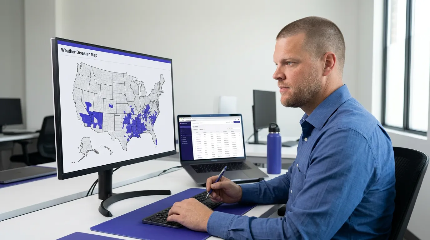 Mike Moore, founder of Strategic AI Architects, reviewing a US weather disaster map alongside a client book dashboard on a laptop in his office