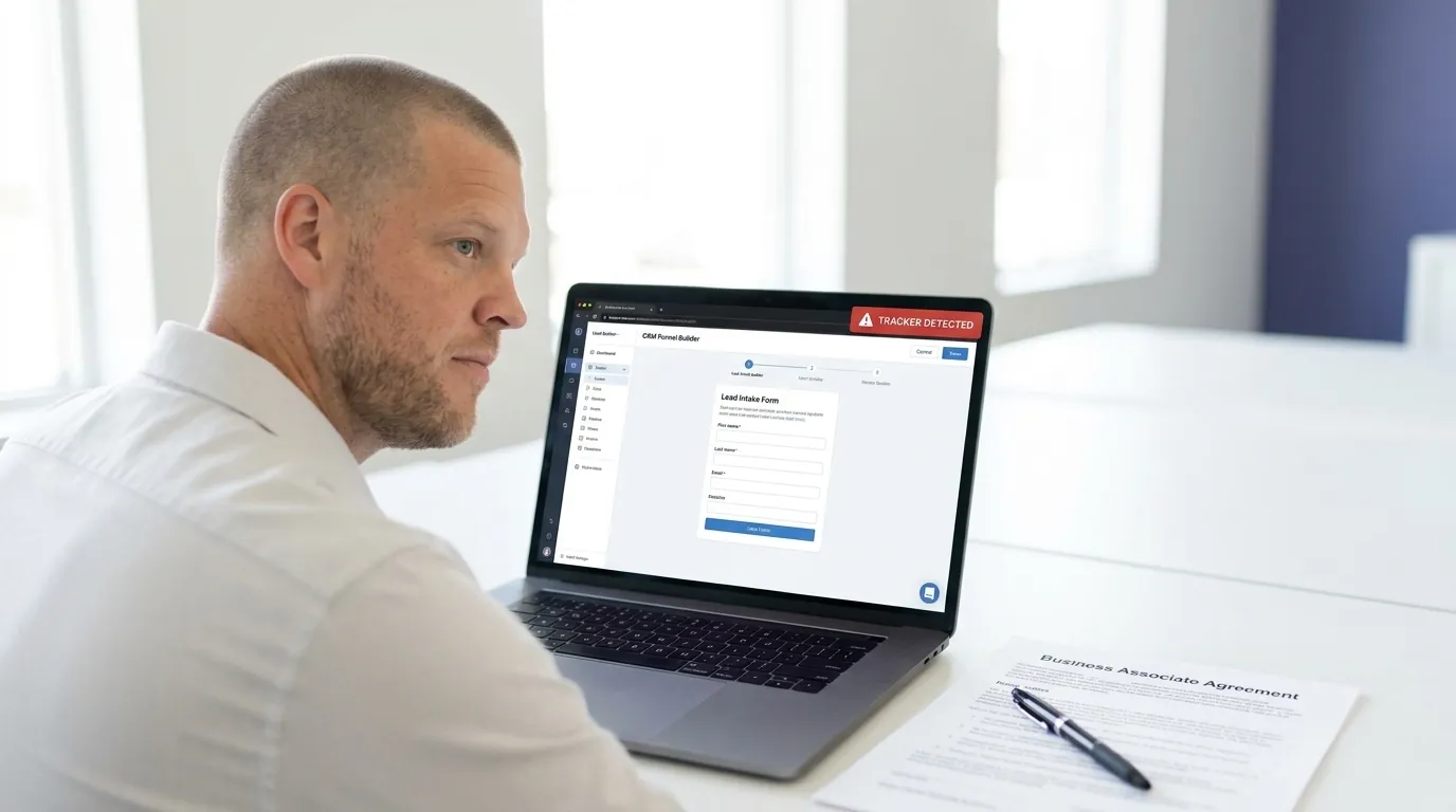An insurance agency founder with closely buzzed short hair and light stubble sits at a bright office desk looking at a laptop screen showing a CRM funnel builder with a red TRACKER DETECTED warning badge, with a printed Business Associate Agreement document and pen resting on the desk beside the laptop, representing an agency owner discovering the gap between a signed HIPAA add-on and the trackers actually running on their site