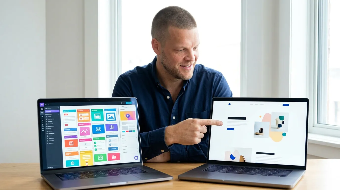 Mike Moore pointing at a clean custom website on one laptop next to a busy drag-and-drop page builder on another