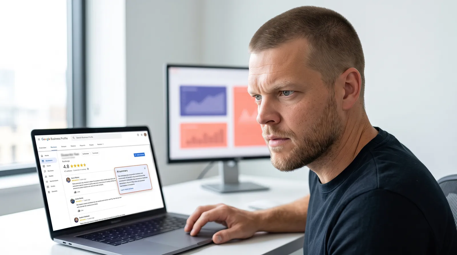 An insurance agency founder with closely buzzed short hair and light stubble sits at a bright office desk, brow furrowed, studying a laptop screen that shows a Google Business Profile dashboard with a 4.8 star rating and a highlighted AI summary box next to a list of customer reviews, with an out of focus second monitor showing soft indigo and coral analytics charts in the background, representing an agency owner discovering that Google's AI is writing a summary of the agency's reviews
