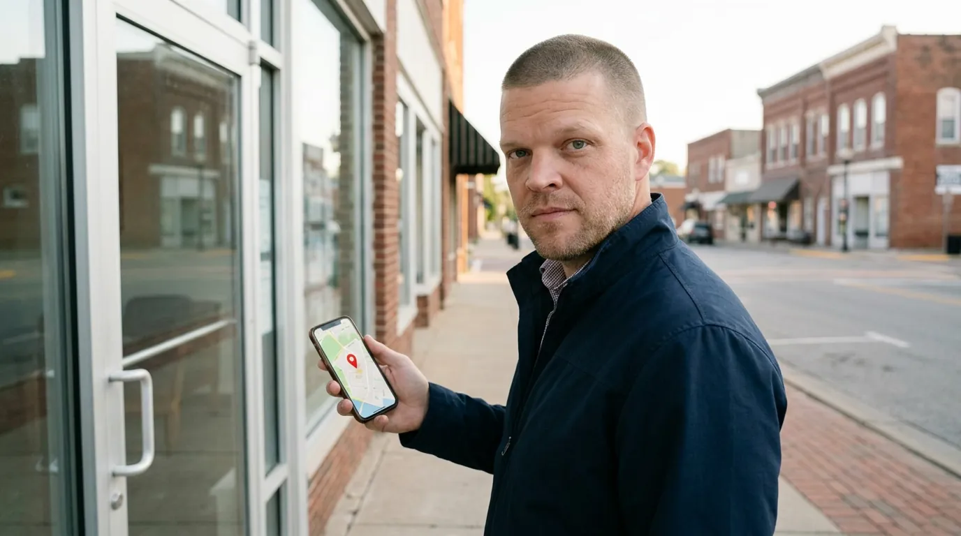 Mike Moore outside a small-town storefront office holding a phone that shows a map pin for the business