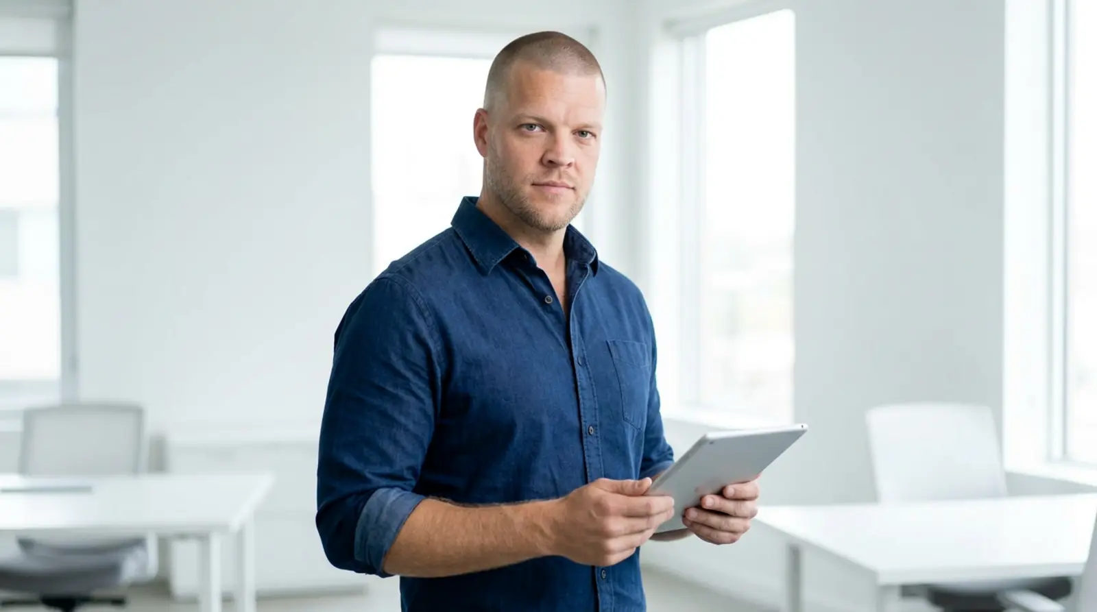 Mike Moore, founder of Strategic AI Architects, standing in a bright modern office holding a tablet, representing an agency owner reviewing their Google Business Profile listing