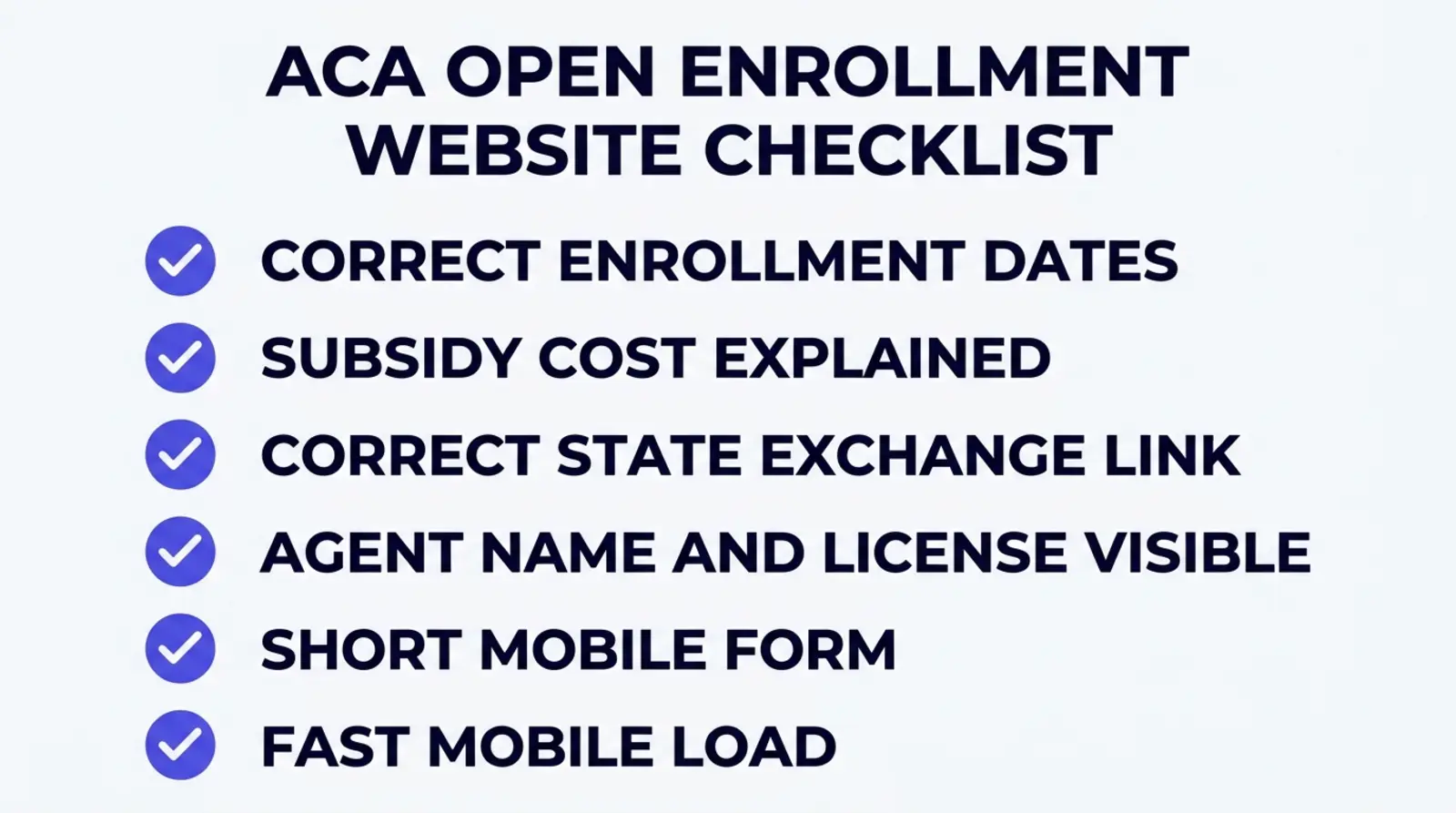 Infographic titled ACA Open Enrollment Website Checklist, listing six items with checkmarks: correct enrollment dates, subsidy cost explained, correct state exchange link, agent name and license visible, short mobile form, fast mobile load