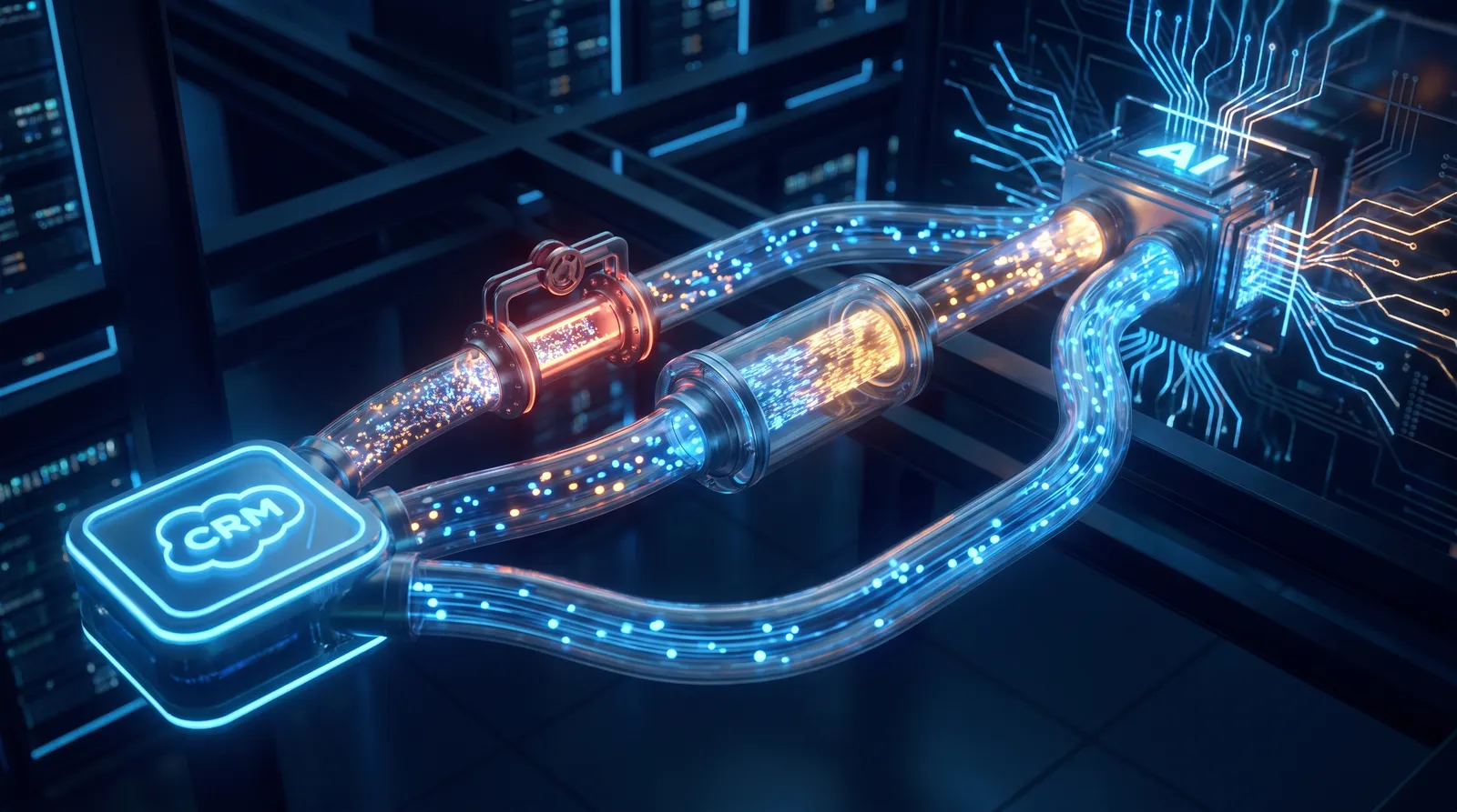 A dark 3D render of three glass data pipes running from a glowing CRM icon toward an AI core; one pipe is sealed by a red valve and its data particles stop, a second pipe routes through a filter chamber where the particles change color, and a third pipe flows clear, representing the blocked message-history endpoint, the PHI Rail scrub path, and the CRM objects that still pass