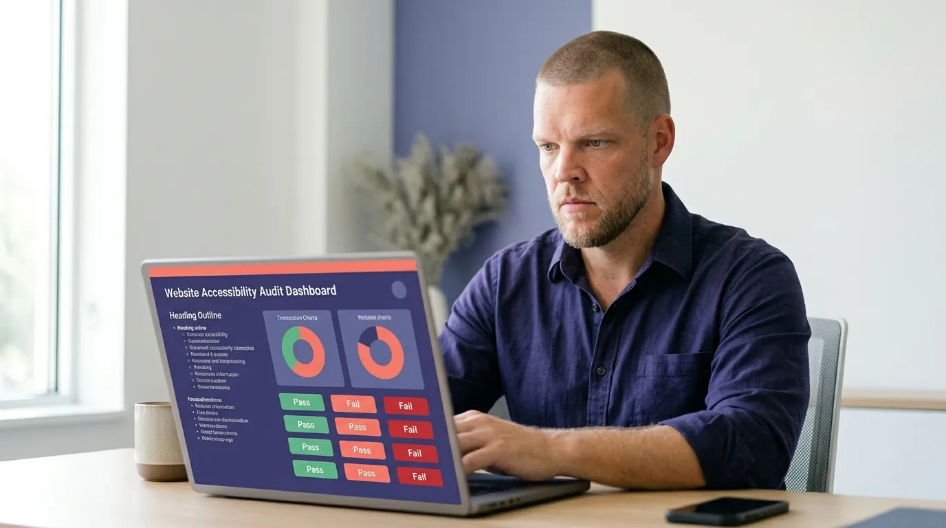 Insurance agency operator with closely buzzed short hair, light stubble, and light eyes sits at a bright indigo-toned office desk reviewing a Website Accessibility Audit Dashboard on a laptop screen, showing a heading outline and a grid of pass and fail indicators