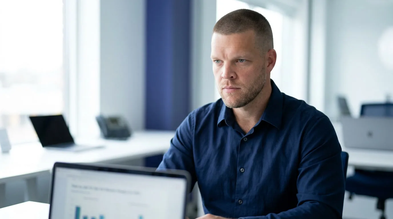 Mike Moore, founder of Strategic AI Architects, at his desk in a bright office looking at a laptop screen, representing insurance agencies working through whether their AI receptionist or chat widget has to disclose that it is not human