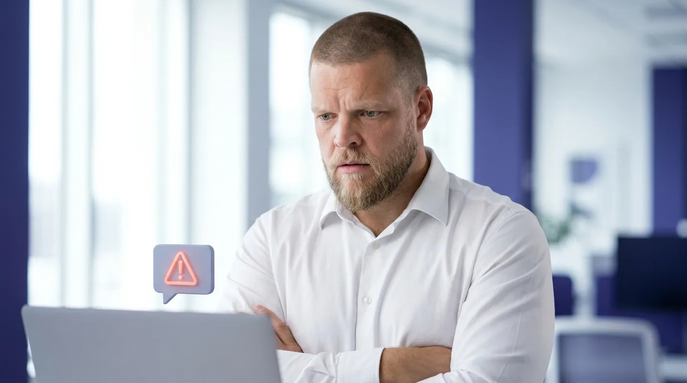 Mike Moore, founder of Strategic AI Architects, standing arms crossed in a modern indigo and white office, looking with concern at a laptop screen showing a chat widget bubble with a glowing warning icon