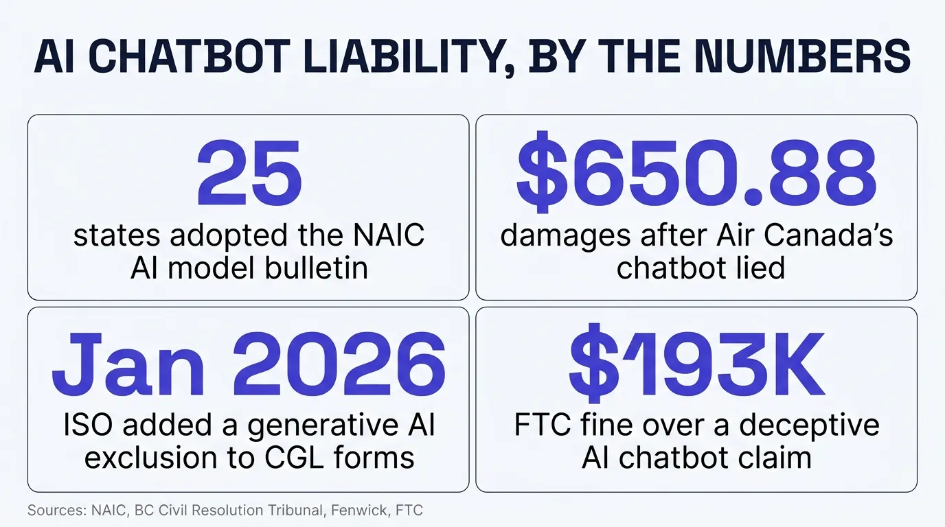 Stat card titled AI Chatbot Liability, By the Numbers: 25 states adopted the NAIC AI model bulletin; 650 dollars and 88 cents in damages after Air Canada's chatbot lied; January 2026 ISO added a generative AI exclusion to CGL forms; 193 thousand dollar FTC fine over a deceptive AI chatbot claim. Sources: NAIC, BC Civil Resolution Tribunal, Fenwick, FTC.