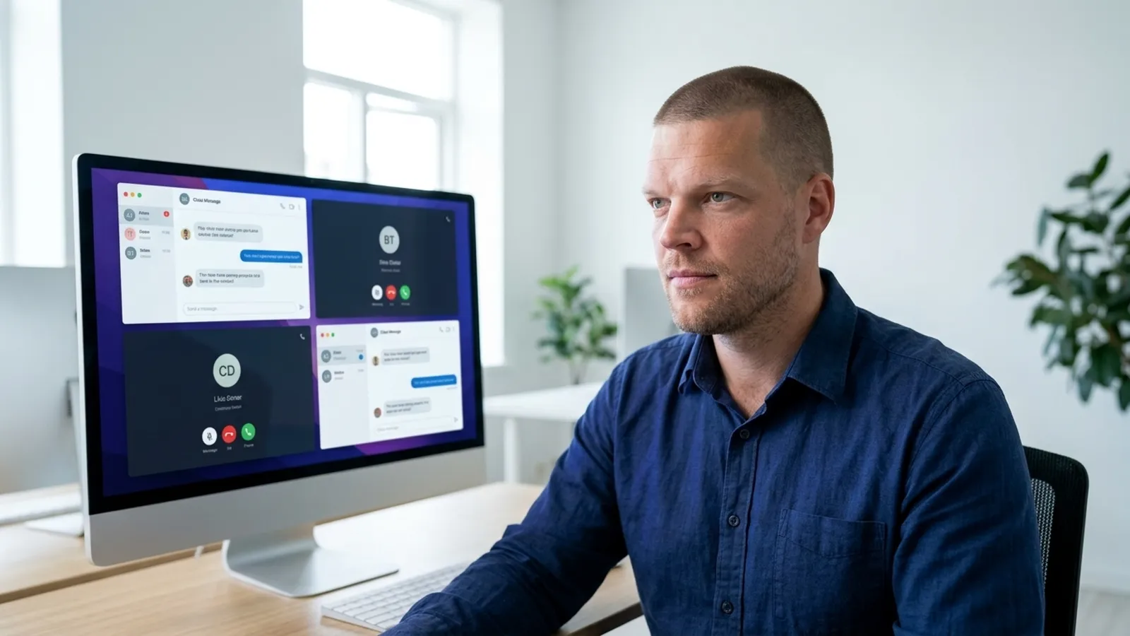 Mike Moore, founder of Strategic AI Architects, looking at a desktop monitor showing four separate, disconnected chat and call panels representing an agency's fragmented AI stack