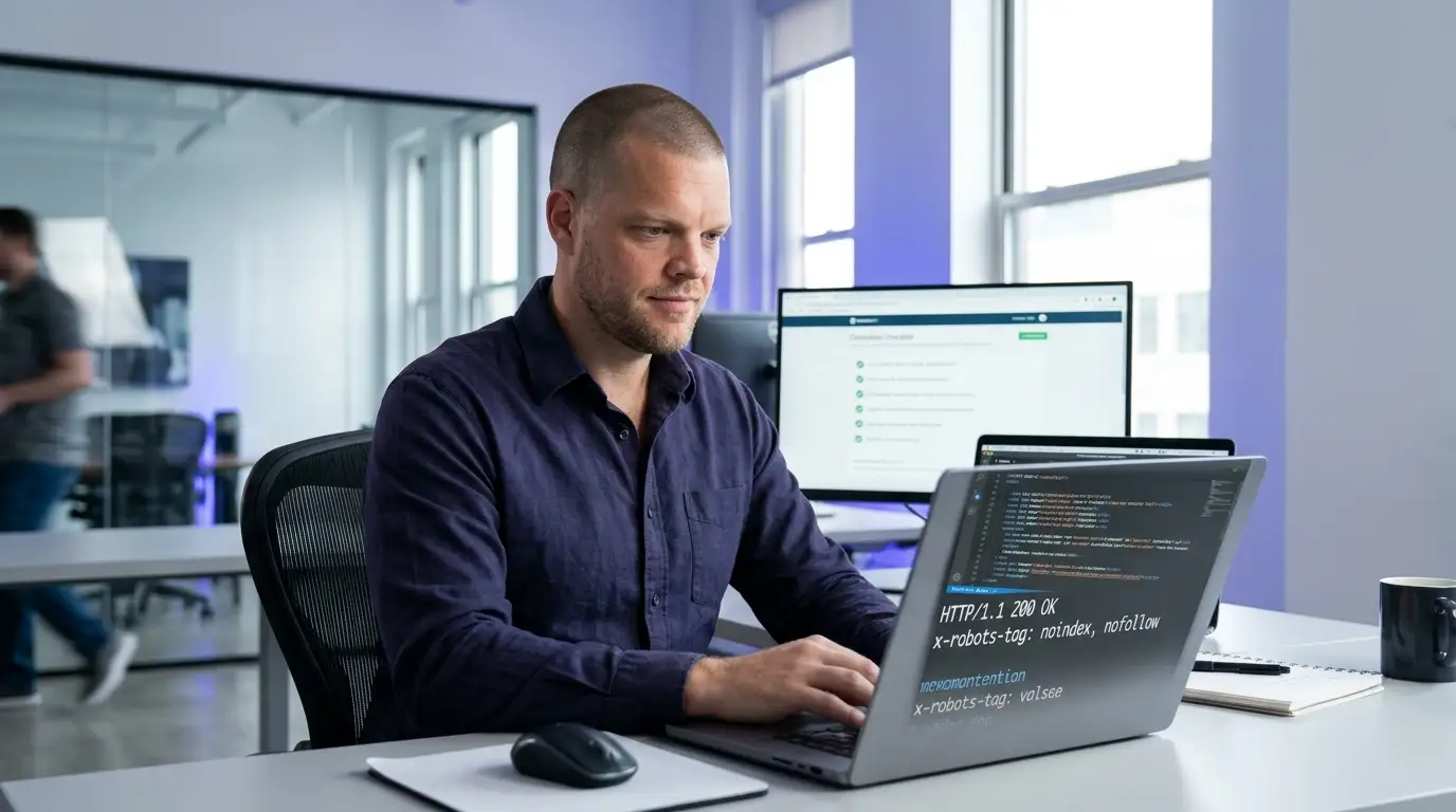 Mike Moore, founder of Strategic AI Architects, checking an insurance agency website's HTTP response headers and robots directives on a laptop at his desk
