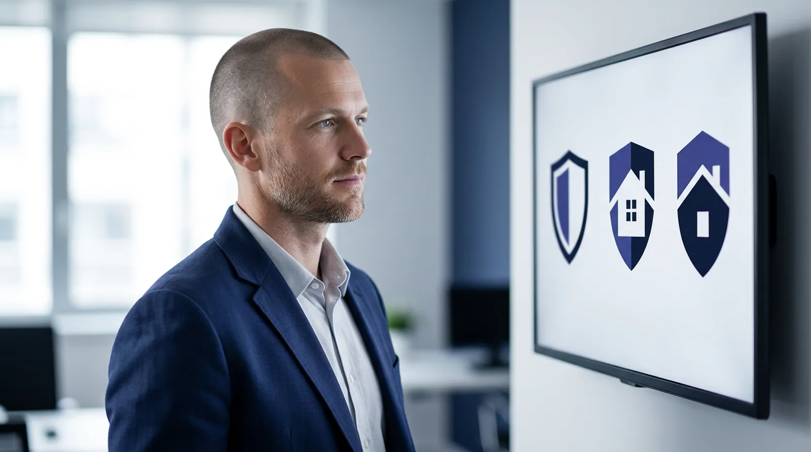 Mike Moore, founder of Strategic AI Architects, standing in a modern indigo lit office reviewing a wall display of several insurance agency logo and brand mockups side by side