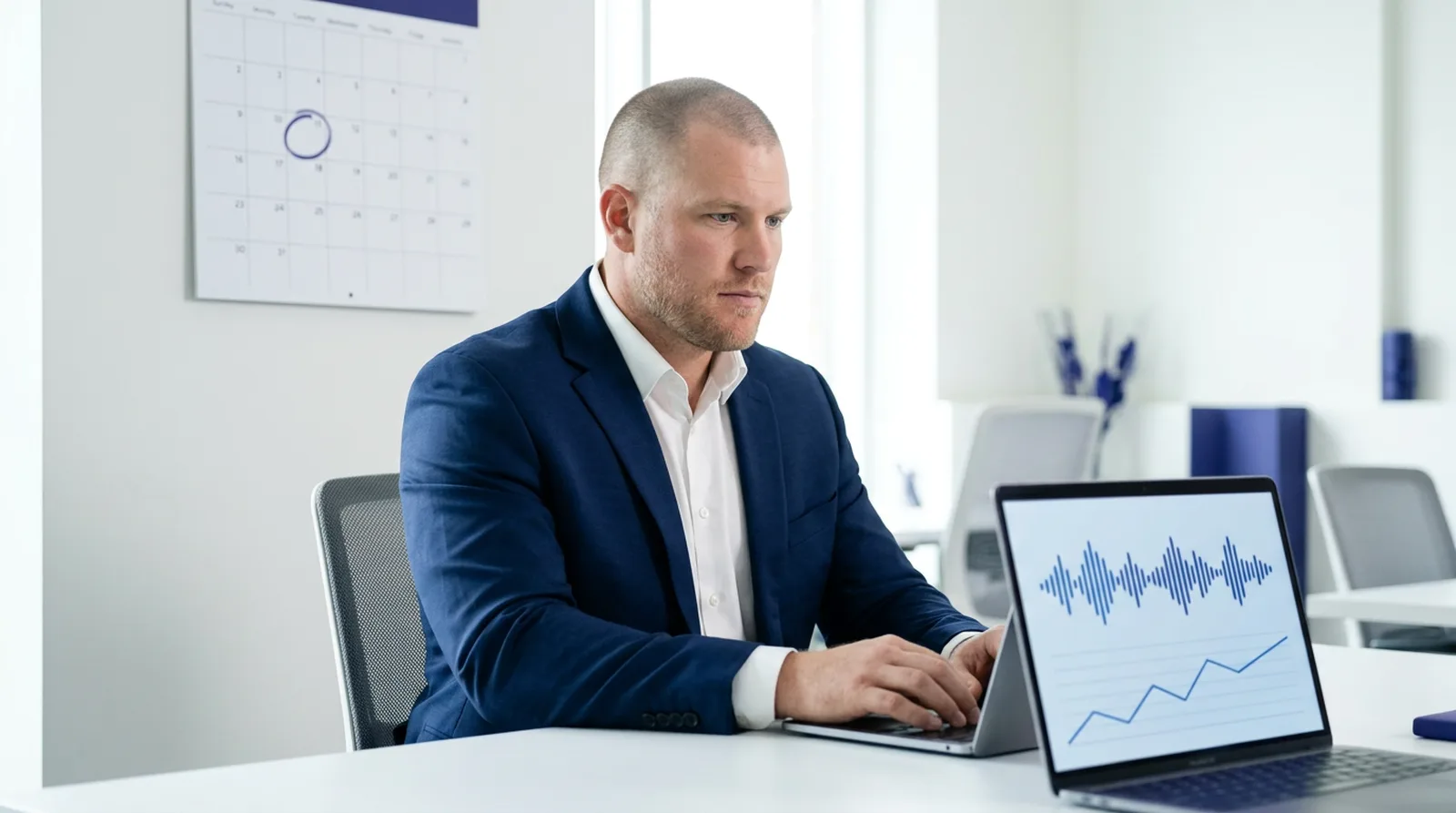 Insurance agency operator with closely buzzed short hair, light stubble, and light eyes sits at a bright office desk reviewing an audio waveform and trend line on a laptop screen, with a wall calendar behind him showing one date circled ahead of AEP