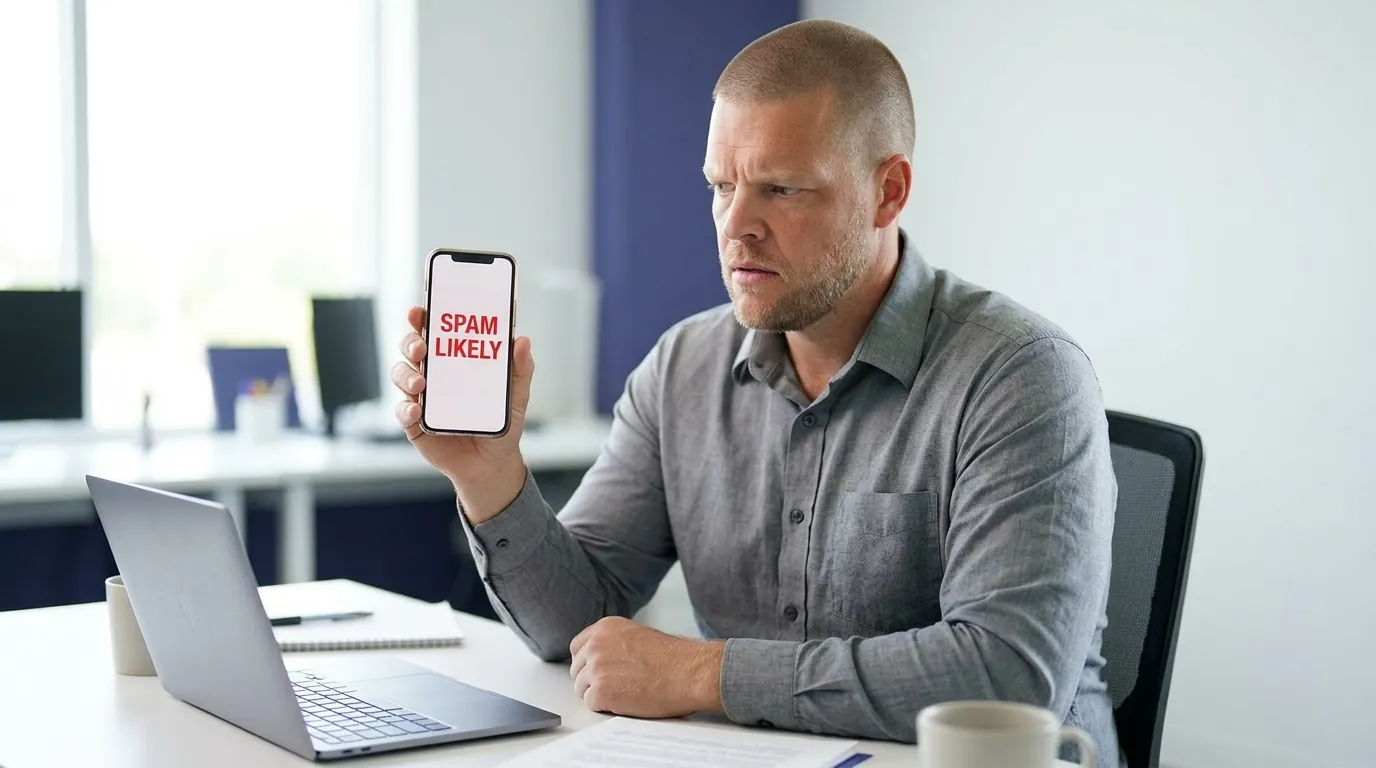 An insurance agency founder with closely buzzed short hair and light stubble sits at a bright office desk holding up a smartphone showing an incoming call screen with the words Spam Likely in red text, a laptop open on the desk in front of him, representing an agency owner discovering their own business number has been flagged