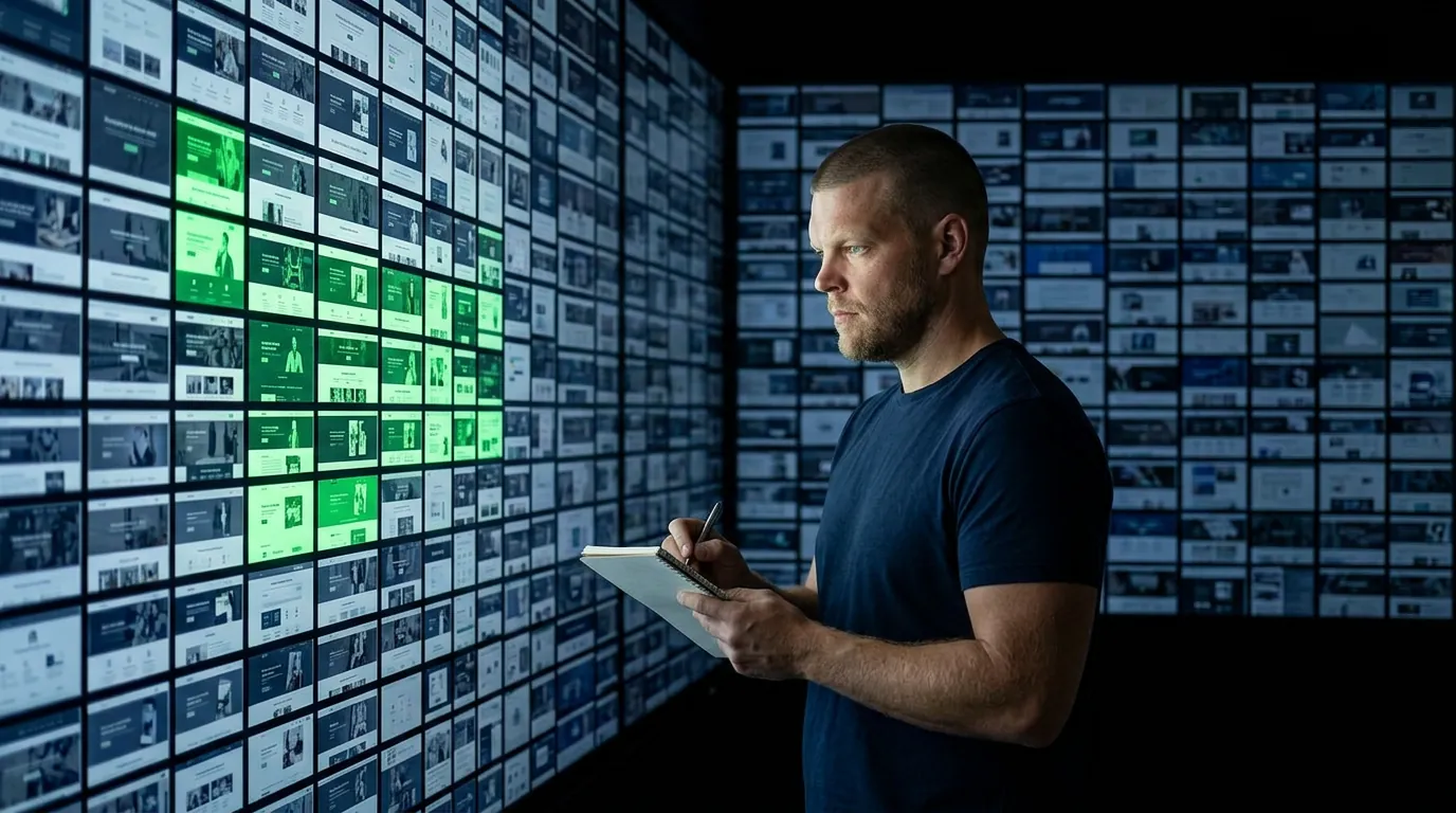 Mike Moore taking notes in front of a wall of hundreds of insurance agency website thumbnails, a few highlighted green