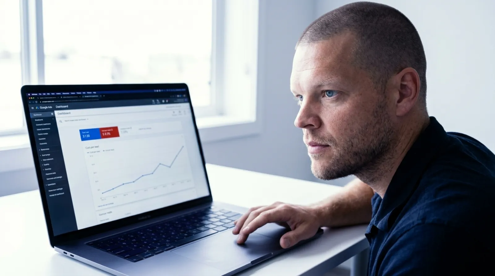 An insurance agency founder with closely buzzed short hair and light stubble sits at a bright office desk studying a Google Ads dashboard on a laptop screen showing cost per lead climbing, one hand on the mouse, representing an agency owner tracking rising paid lead costs
