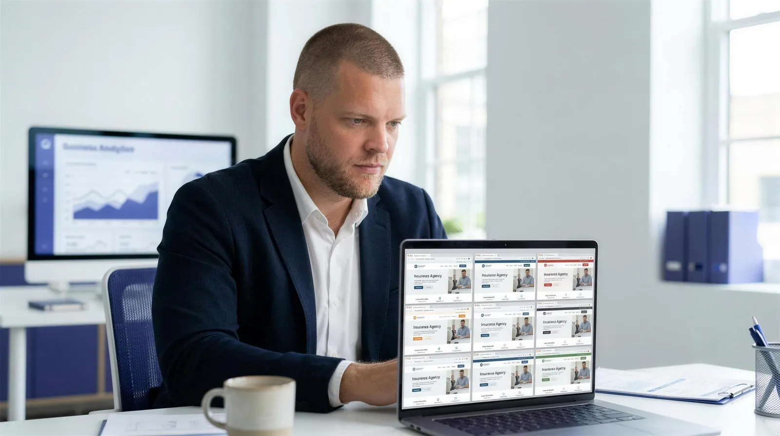 An insurance agency founder with closely buzzed short hair and light stubble sits at a bright office desk, studying a laptop screen that shows a grid of small browser window thumbnails representing many similar looking insurance agent websites, with a second monitor blurred in the background showing a soft indigo analytics dashboard, representing an FMO owner reviewing whether the sites across his downline are too similar to each other