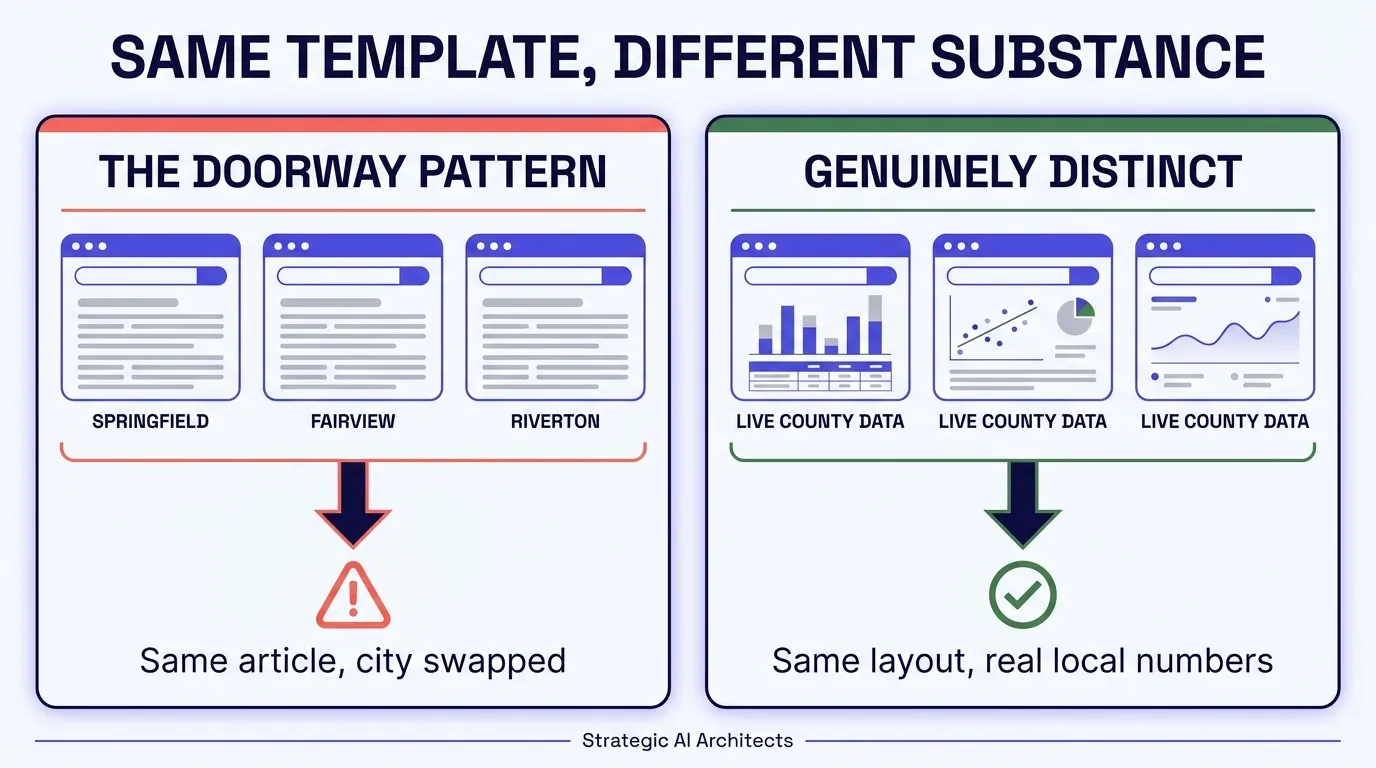 Infographic comparing two content patterns across a network of insurance agent websites. Left column, the doorway pattern: one article shell copied across many sites with only the city name swapped, funneling to the same generic content. Right column, the genuinely distinct pattern: the same page template filled with real, live, site specific data such as local plan counts and enrollment figures, producing pages that share structure but differ in substance.