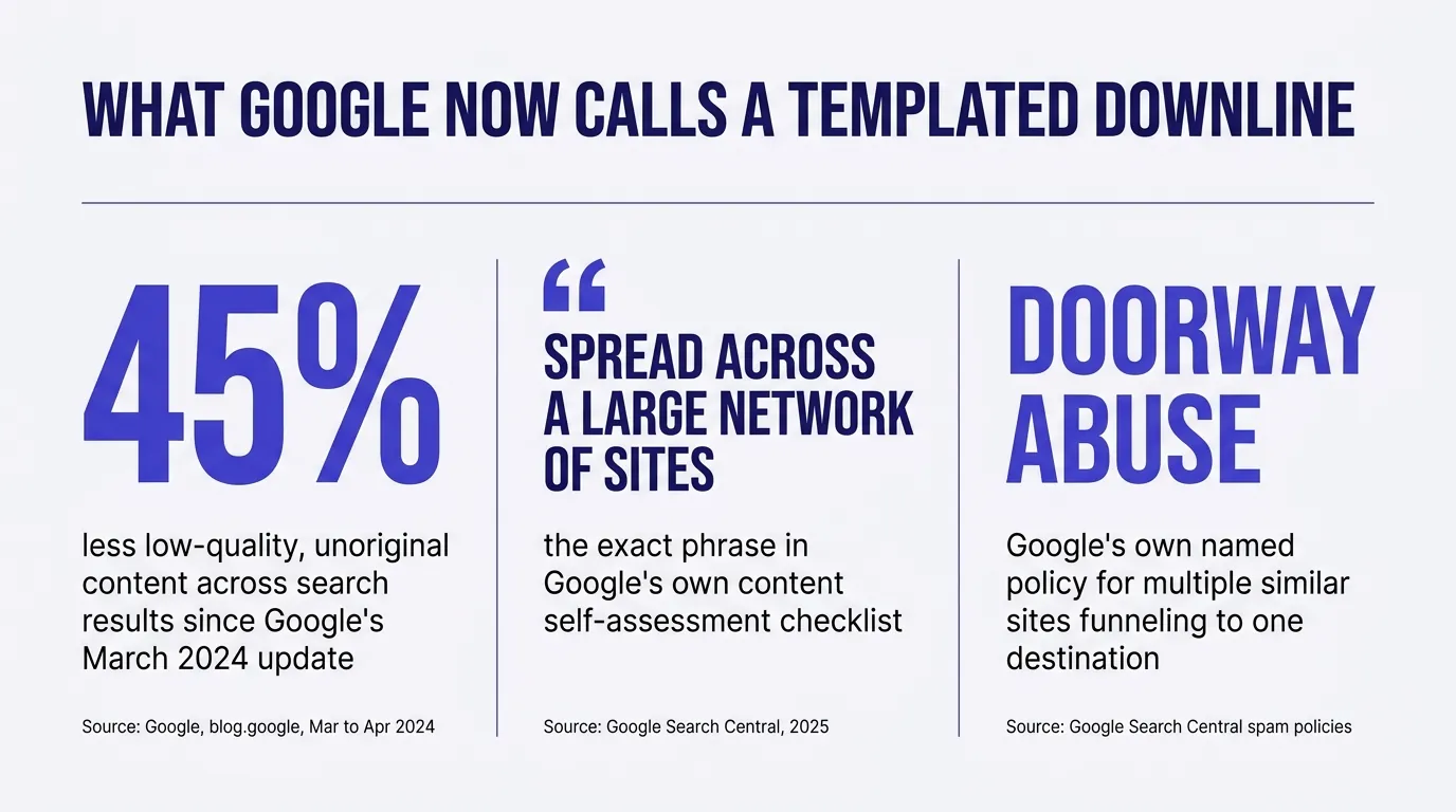 Stat card titled What Google Now Calls a Templated Downline, showing three figures: 45 percent less low-quality, unoriginal content across search results since Google's March 2024 update, source Google blog.google March to April 2024; the quoted phrase spread across a large network of sites, the exact wording in Google's own content self-assessment checklist, source Google Search Central 2025; and doorway abuse, Google's own named policy for multiple similar sites funneling to one destination, source Google Search Central spam policies