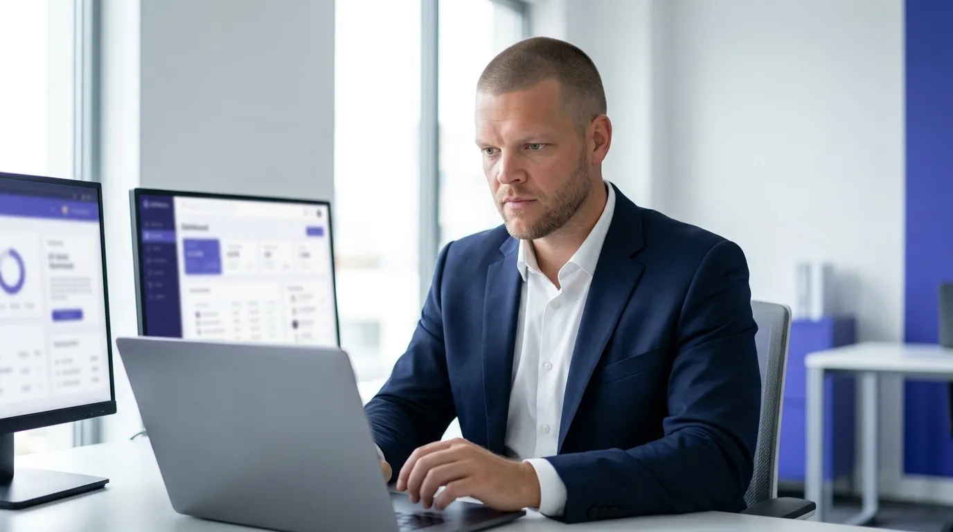 Mike Moore, founder of Strategic AI Architects, reviewing insurance agency ad and website dashboards on a laptop and monitor in his office