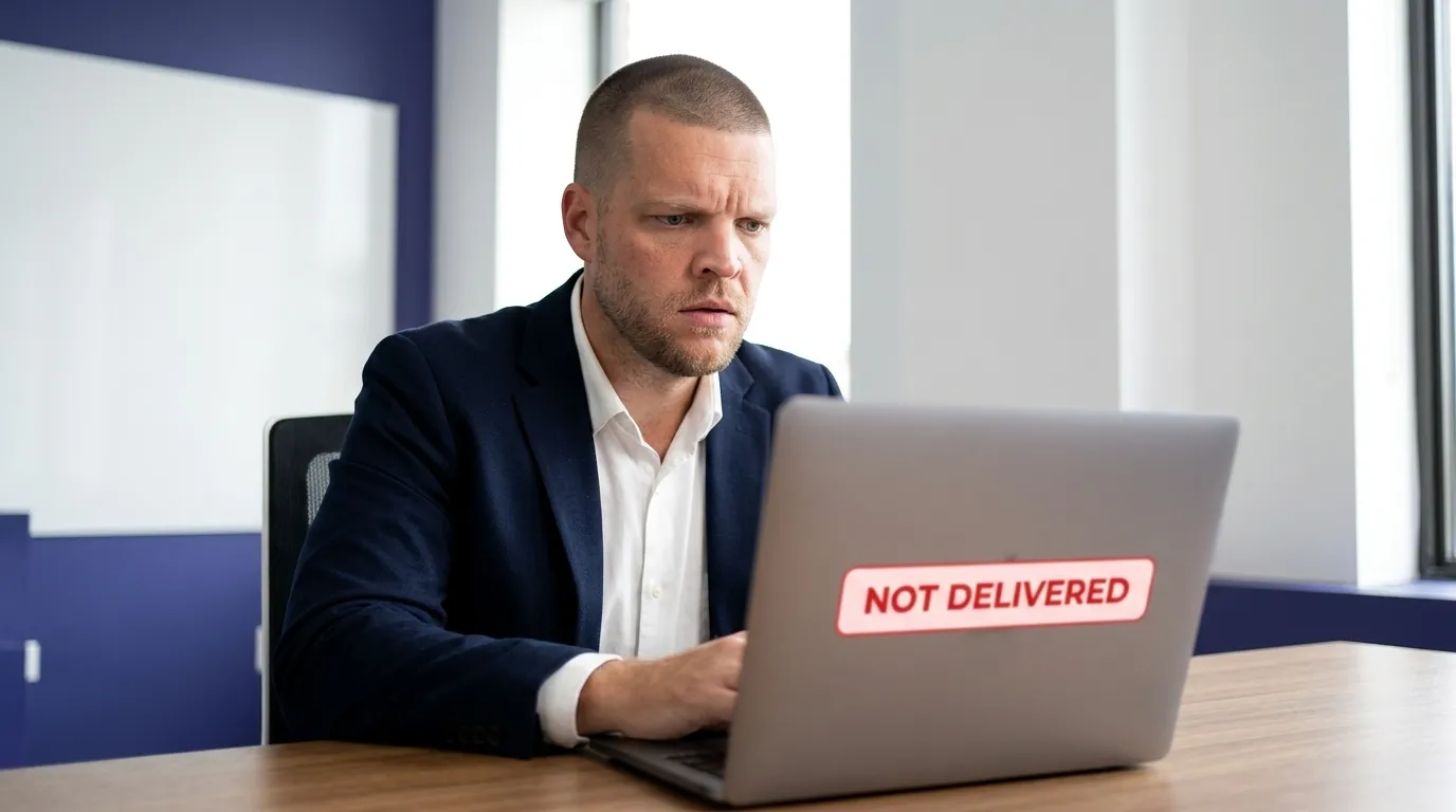 Mike Moore, founder of Strategic AI Architects, looking at a laptop screen showing a GoHighLevel conversation thread where a follow-up text shows as sent but was never delivered, representing an insurance agent discovering their SMS follow-up silently stopped working