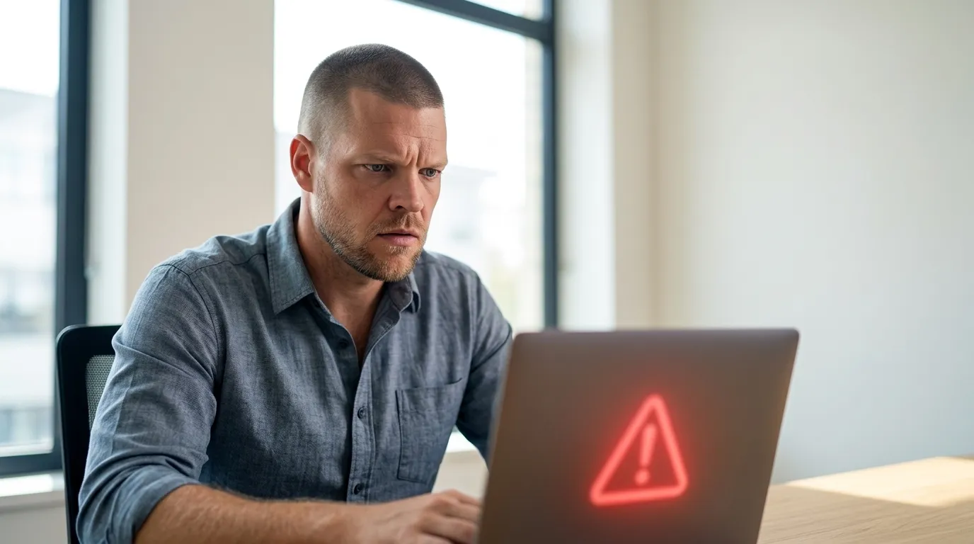 Mike Moore, founder of Strategic AI Architects, at his desk looking at a laptop screen showing a Google Ads disapproval notice, representing an insurance agent discovering their health insurance campaign was blocked before AEP