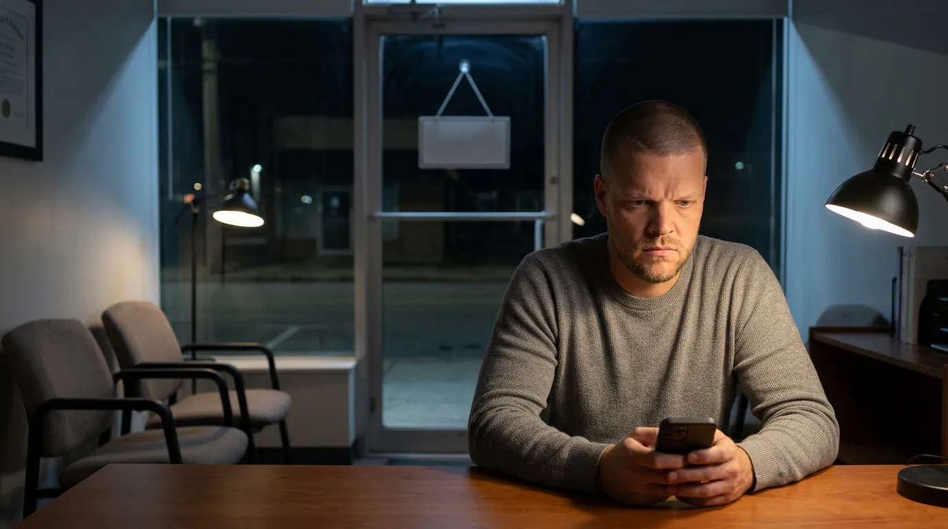 Mike Moore alone in a dim storefront insurance office after hours, frowning at his phone
