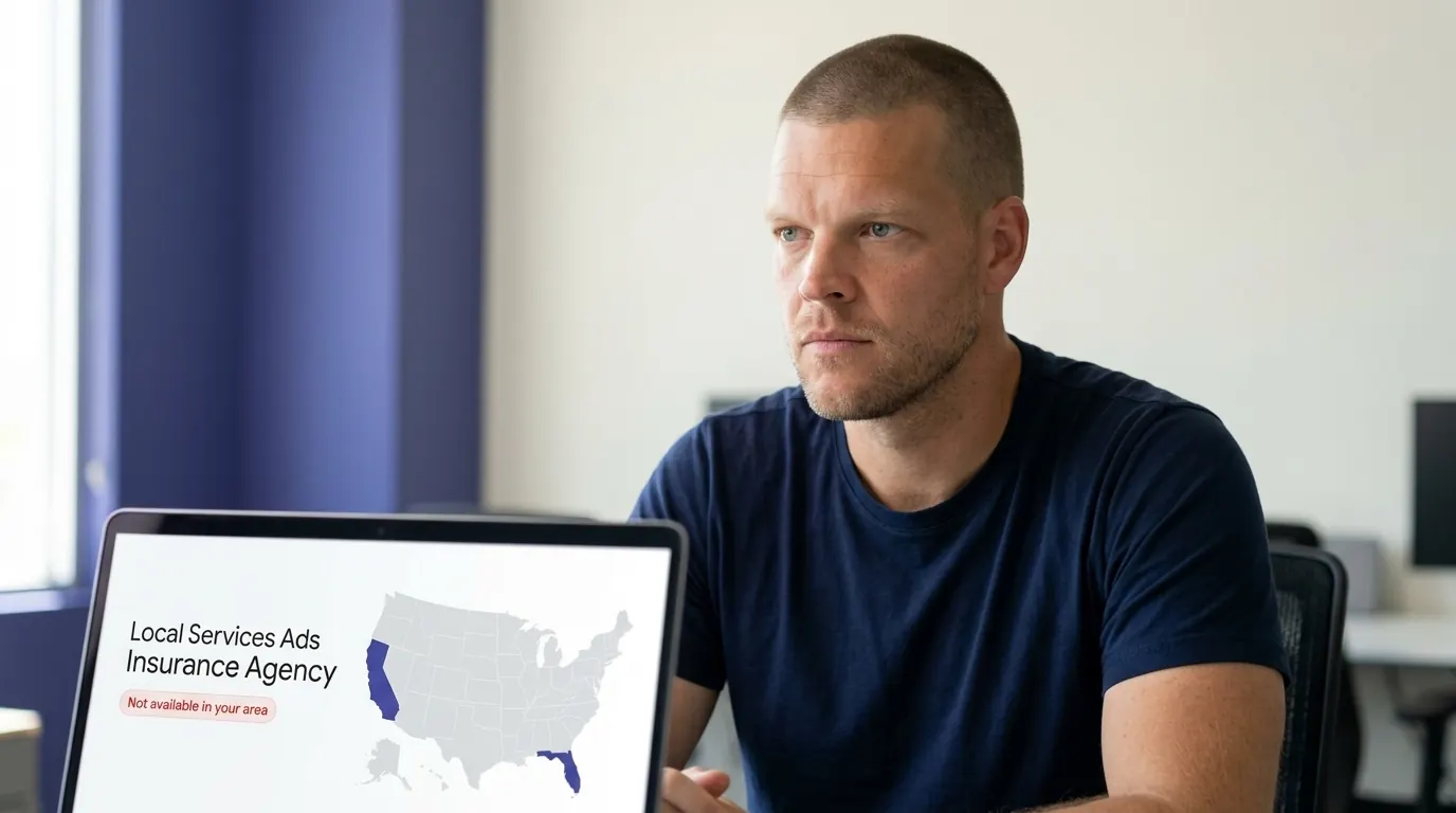 Mike Moore, founder of Strategic AI Architects, looking at a laptop showing a Google Local Services Ads sign-up screen for an insurance agency that reads not available in this location, representing an insurance agent outside California and Florida discovering they cannot qualify for the program